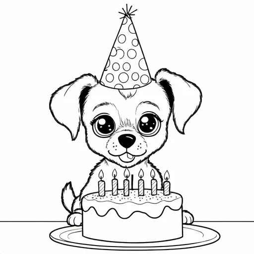 Prompt: A cute dog with big eyes is blowing out the candles on his birthday cake while wearing a party hat