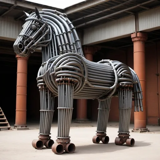Prompt: Trojan horse made of steel pipes