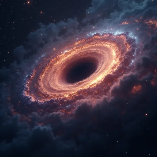 Prompt: (Black hole), cosmic phenomenon, surrounded by countless shimmering stars, deep space, vast galaxy backdrop, infinite darkness, vibrant celestial colors, galactic energy swirling, high contrast, mysterious and awe-inspiring ambiance, (ultra-detailed), (4K), cosmic mystery, ethereal vastness, captivating starfield, hauntingly beautiful galactic scene.