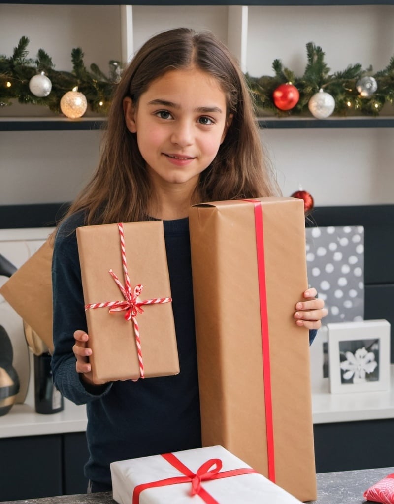 Prompt: One girl doing gift wrapping