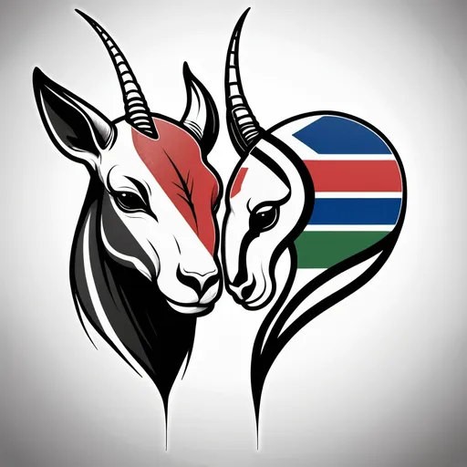 Prompt: a tatto divided in two parts. the left part is half a heart filled with the Namibian flag. the right part of is  half of a head of Oryx black and white single line. 