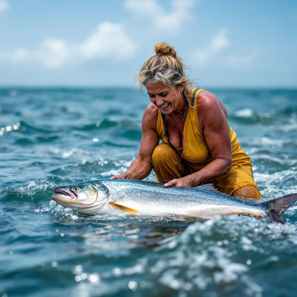 Prompt: A 50 year old female catching fish from sea 