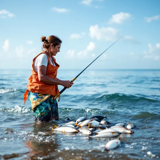 Prompt: A 50 year old female catching fish from sea 