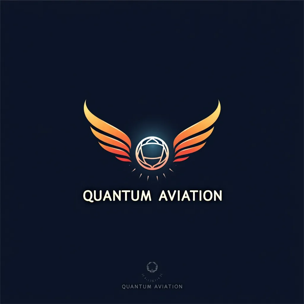 Prompt: “Quantum Aviation” logo concept,Abstract Quantum Particle: A central, glowing particle-like element (a sphere),Aviation Symbolism:

	•	Airplane Silhouette or Wings: Incorporate sleek, modern wings or an abstract airplane silhouette around or integrated into the quantum particle,Modern and Sleek: Use a clean, sans-serif font for “Quantum Aviation,” with perhaps subtle tech-like ,he overall design would be sharp, modern, and suggest both cutting-edge technology