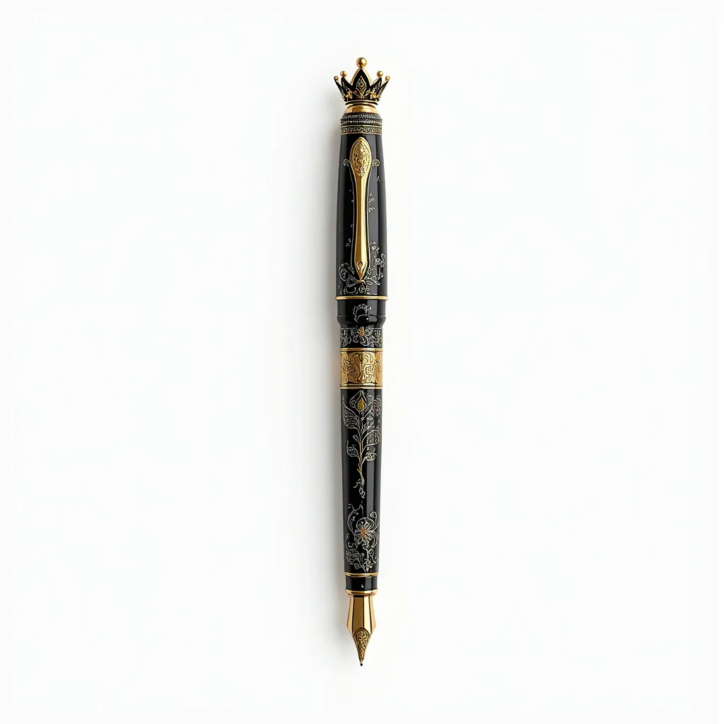 Prompt: A beautifully designed pen dominates the scene, elegantly adorned with intricate patterns and floral motifs that suggest a blend of artistry and craftsmanship. The pen, primarily outlined in fine detail, showcases a central golden section that adds a touch of opulence, while its intricate cap mimics a crown-like structure, enhancing its regal aesthetic. The background remains starkly minimalistic in pure white, drawing the viewer's attention solely to the ornate pen and evoking a sense of sophistication and elegance. The overall composition conveys a narrative of creativity and literary pursuit, inviting thoughts of the written word and artistry.
Use only black white and gold 