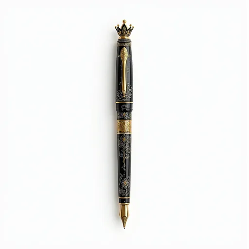 Prompt: A beautifully designed pen dominates the scene, elegantly adorned with intricate patterns and floral motifs that suggest a blend of artistry and craftsmanship. The pen, primarily outlined in fine detail, showcases a central golden section that adds a touch of opulence, while its intricate cap mimics a crown-like structure, enhancing its regal aesthetic. The background remains starkly minimalistic in pure white, drawing the viewer's attention solely to the ornate pen and evoking a sense of sophistication and elegance. The overall composition conveys a narrative of creativity and literary pursuit, inviting thoughts of the written word and artistry.
Use only black white and gold 