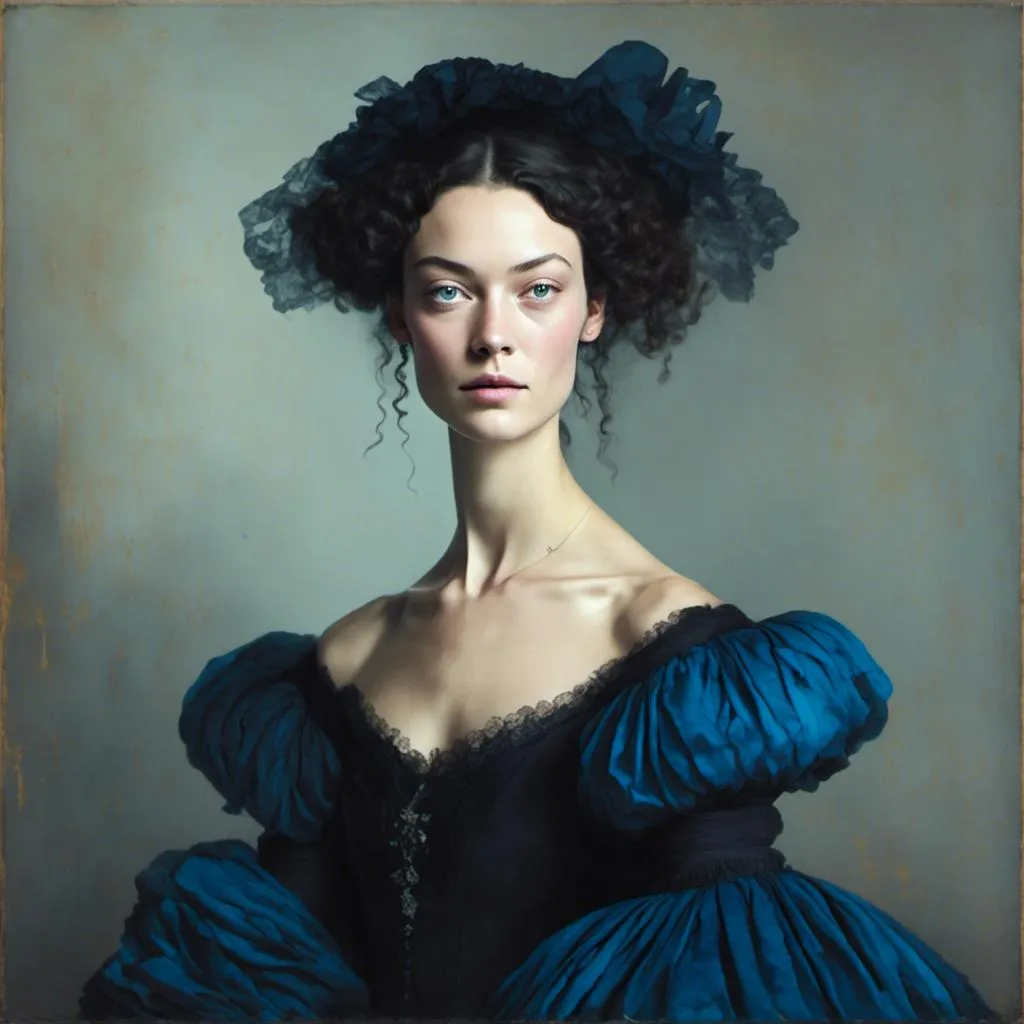 Prompt: <mymodel> portrait of a victorian lady, [blend face, shalom harlow .50] in a black dress, blue eyes