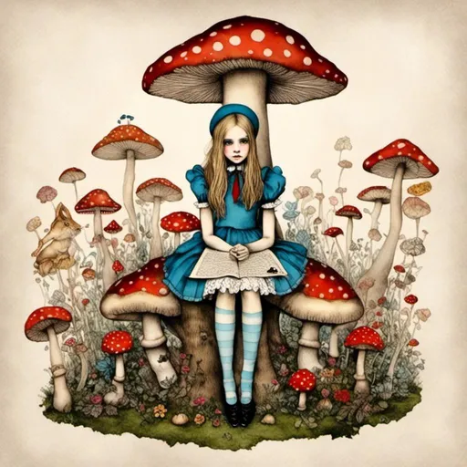 Prompt: Alice in Wonderland sitting on a mushroom. <mymodel>