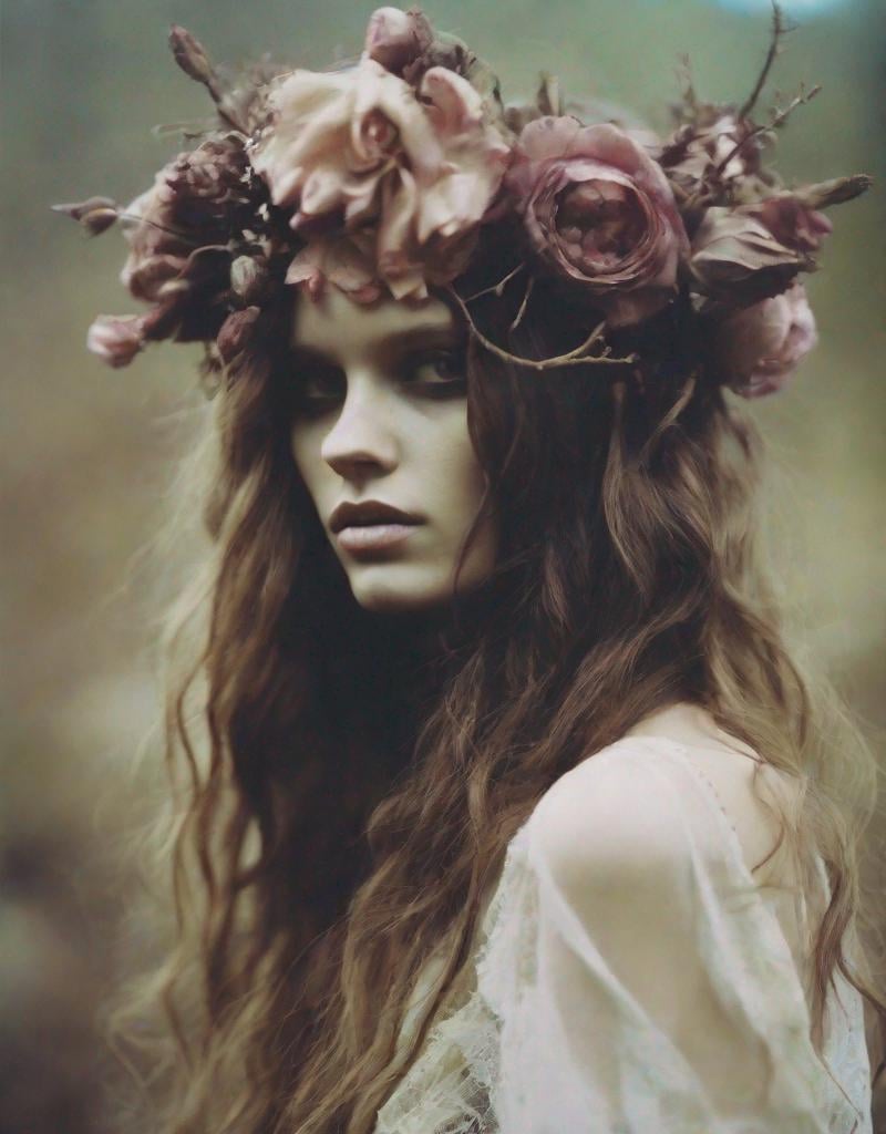 Prompt: Persephone, Queen of the underworld.  Beautiful Model with long wavy hair, dried flower crown, holding a skull. [blend face; marine vacth] by Oleg Oprisco, ellen rogers, ellen von unwerth, paolo roversi, andrey ivanøv