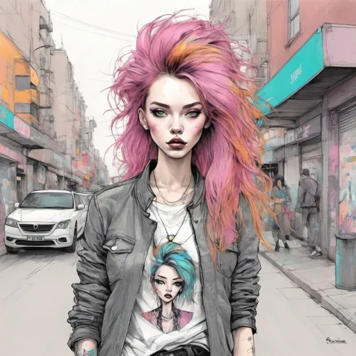 Prompt: fashion illustration, color pencil, graphite, artist style: CAROLINE ANDRIEU, RAPHAËL VICENZI, MY DEAD PONY, SoHyeon KIM, Model with cool hair, in street fashion clothes