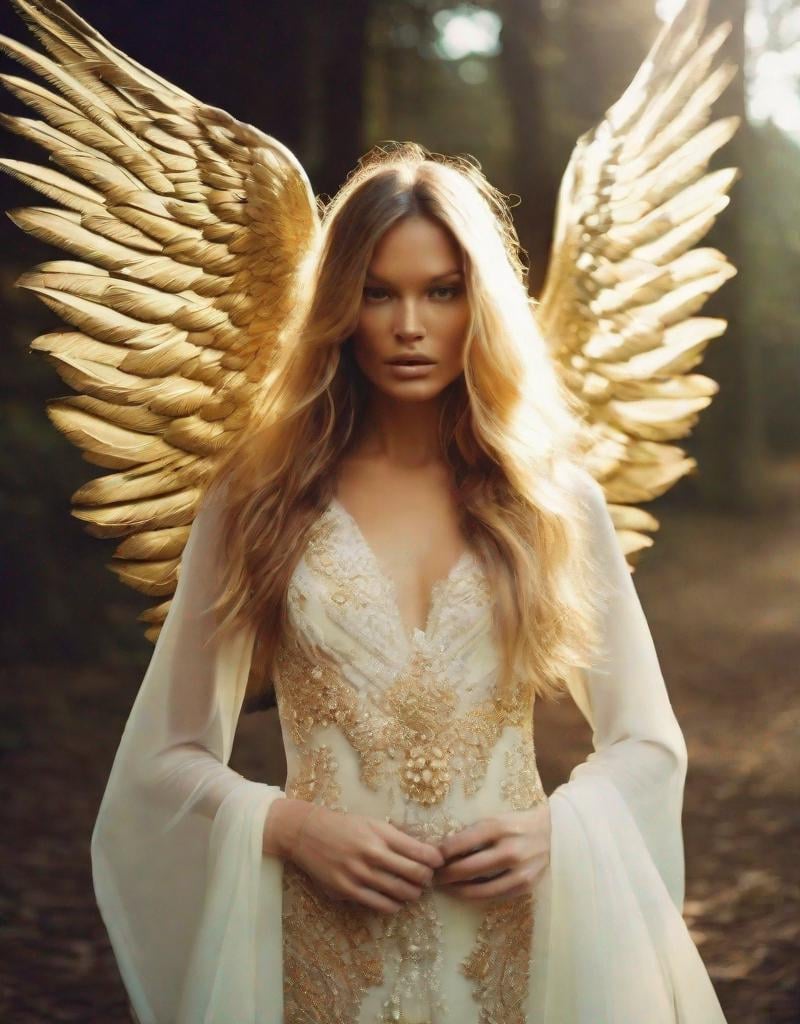 Prompt: Nike, Goddess of Victory, Beautiful woman, long hair, flowy gown, golden wings [blend face; kate moss .70] by Oleg Oprisco, ellen rogers, ellen von unwerth, paolo roversi, andrey ivanøv