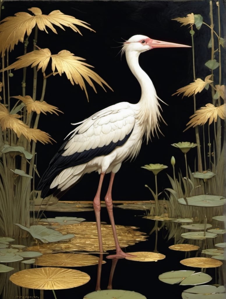 Prompt: A stork, in the middle of a pond and garden.  Gold Leaf, Dark Hues. ARTIST STYLE: William Waterhouse, Gerald Brom, Raphael,