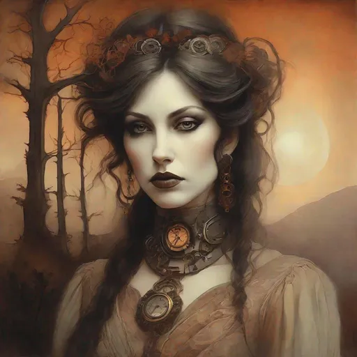 Prompt: The pretty dreamy heartbroken woman with beautiful face, art by Sarah Moon, Tom Bagashaw, Gerald Brom, Galsight, Steampunk, Foggy, background, warm colors pallet, rim lighting reflection, 3d, watercolors and ink, beautiful, fantastic view, extremely detailed, intricate, best quality, highest definition