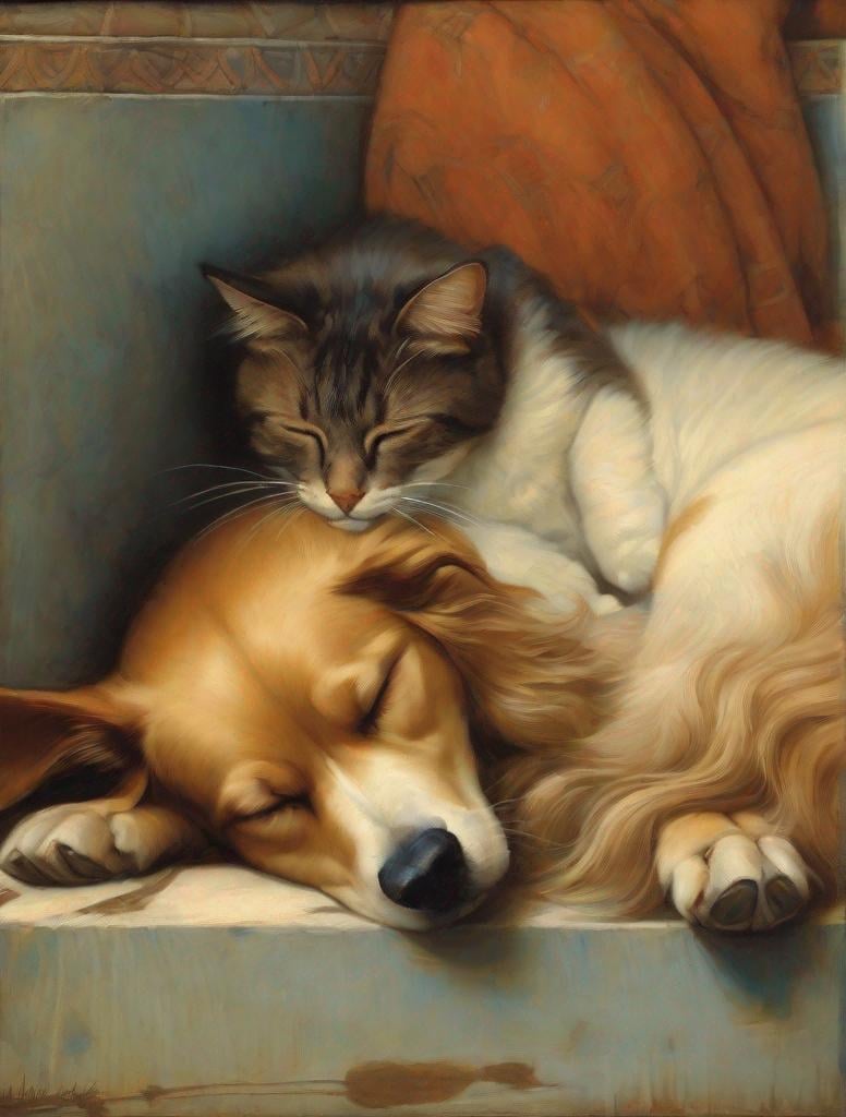 Prompt: A dog and a cat, sleeping next to each other. warm hues. ARTIST STYLE: William Waterhouse, Gerald Brom, Raphael,