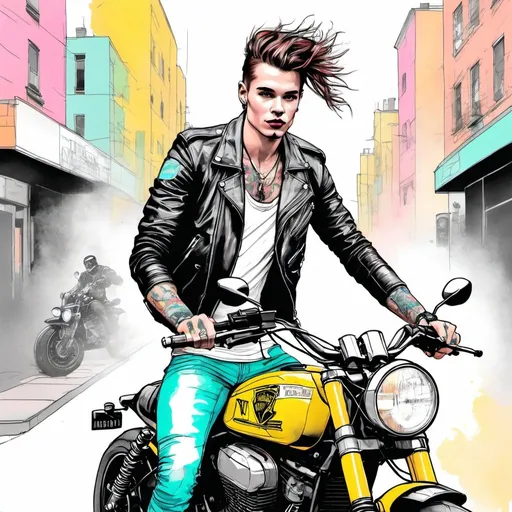 Prompt: fashion illustration, colored pencils, graphite, colored ink, artist style: CAROLINE ANDRIEU, RAPHAËL VICENZI, JENNY LIZ ROME; Male Model, brown hair, punk, streetwear, urban clothes, riding a motorcycle 