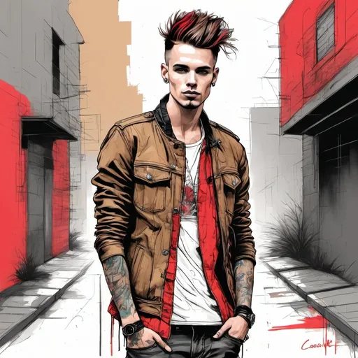 Prompt: fashion illustration, colored pencils, graphite, colored ink, artist style: CAROLINE ANDRIEU, RAPHAËL VICENZI, JENNY LIZ ROME; Male Model, brown hair, thin, punk, streetwear, urban clothes, black & red, pallet, minimalistic background