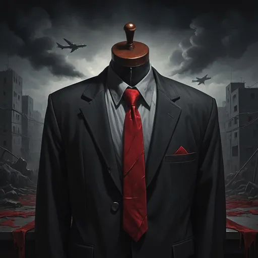 Prompt: Surrealism illustration of a jet-black suitcoat, long bloody red tie, soulless gray Zhongshan shirt, communism, capitalism, strangulation, surrealism, dark tones, detailed textures, haunting atmosphere, professional, high quality, atmospheric lighting