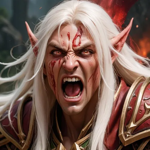 Prompt: Face of blood elf with white long hairs,  covered in blood in battle rage ,screams loud with rage on the  battleground , high quality , high resolution , dynamic lighting 