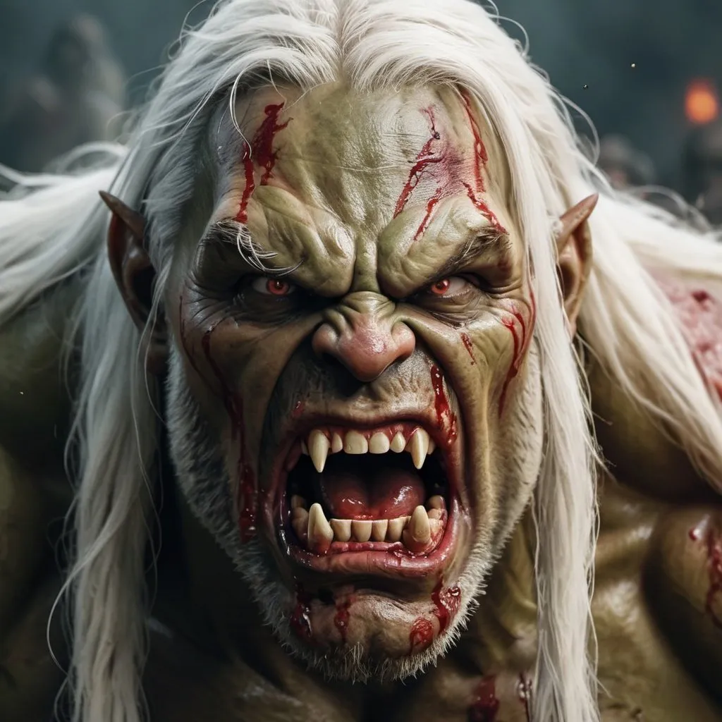 Prompt: Face of Large orc with white long hairs,  covered in blood in battle rage ,screams loud with rage on the  battleground , high quality , high resolution , dynamic lighting 