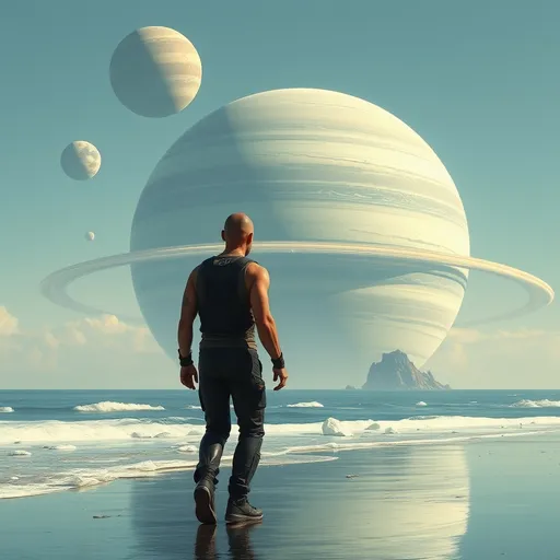 Prompt: man with shaved head from the future walking along the shore, toward the oversized Planet Uranus and its moons. The planet has vertical rings. He is wearing futuristic clothing.