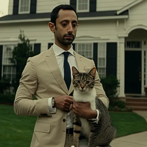 Prompt: <mymodel> as getting keys from a real estate agent in front of his 2 story house, with a cat on his shoulder