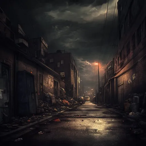 Prompt: Back alley at night, overturned dumpster, cloudy dark sky, urban setting, mysterious atmosphere, detailed trash, dimly lit, highres, moody, realistic, dark tones, atmospheric lighting