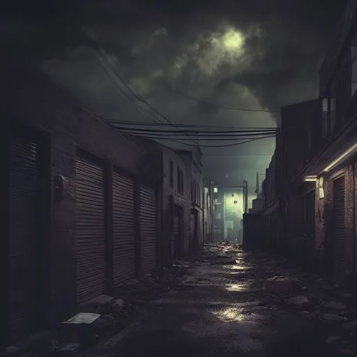 Prompt: Back alley at night, overturned dumpster, cloudy dark sky, urban setting, mysterious atmosphere, detailed trash, dimly lit, highres, moody, realistic, dark tones, atmospheric lighting