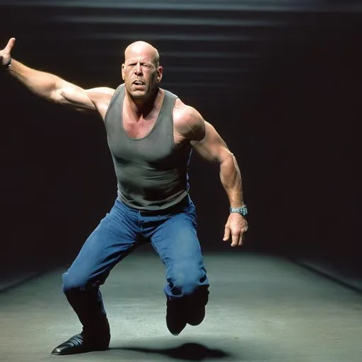 Prompt: 
bruce willis with massive legs standing still
