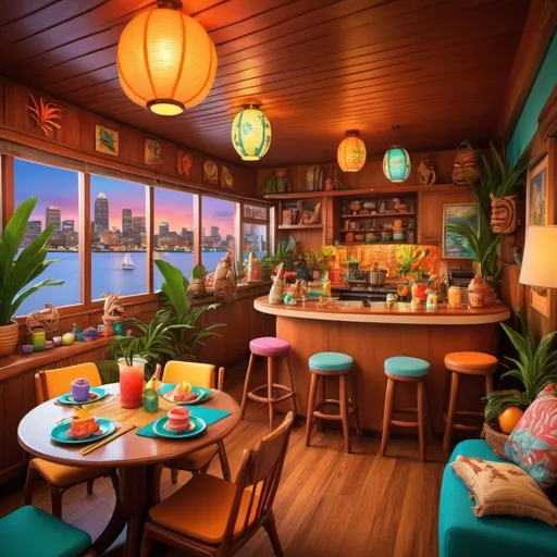 Prompt: Expansive Tiki-inspired retro apartment interior with a view to a deck outside at early dusk, iconic Boston landmarks, vibrant and lively atmosphere, nautical decorations, colorful tiki mugs, abundant Polynesian and American Chinese cuisine, overflowing tiki drinks and cocktails, people enjoying, tropical color palette, warm and vibrant lighting, retro, tiki, cityscape, dusk, Boston landmarks, vibrant atmosphere, nautical decor, colorful mugs, Polynesian cuisine, Chinese cuisine, tropical colors, bold pastel colors and not too detailed, angle field of view