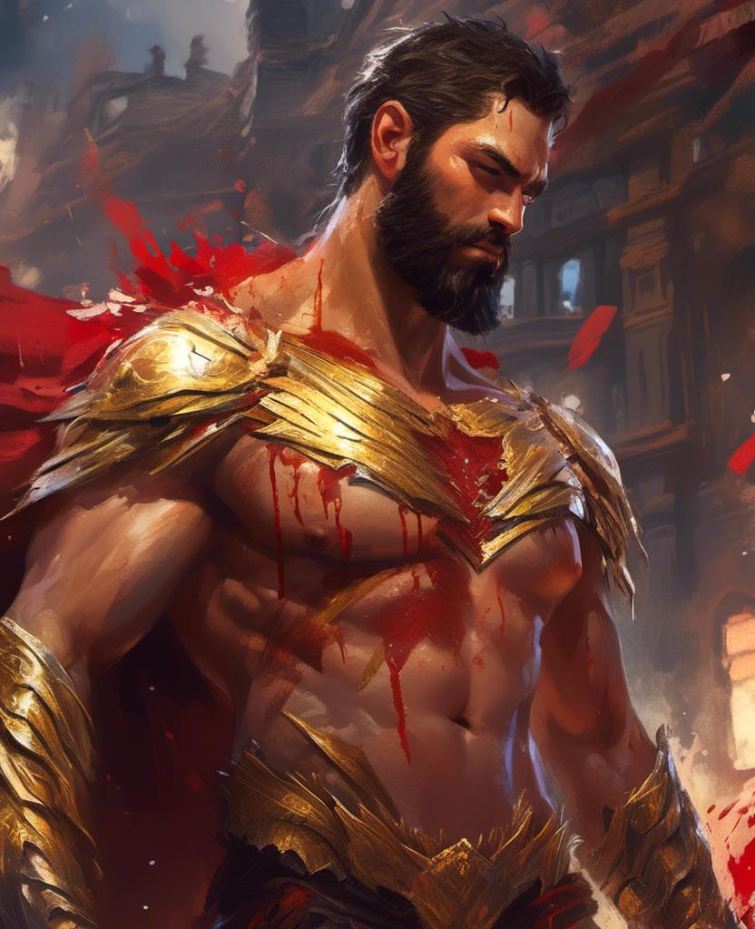 Prompt: <mymodel> close up of bearded muscular  DC Shazam with teared and torn costume showing chest and abs, is bloody and fiercely posing with beautiful exposed upper parts of body unclothed  lighted at twilight,his face with blood stains, lighted by a sun ray beam at twilight, lower angle, upper angle, dynamic point of view, high detailed, 8k