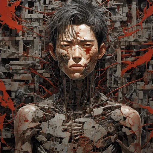 Prompt: <mymodel>a yakuza boy made of circuits and small metal parts, with big eyeball and mouth wide open, is surrounded by bloody branches ,behind him a rusty metal wall,inked Akira  manga style