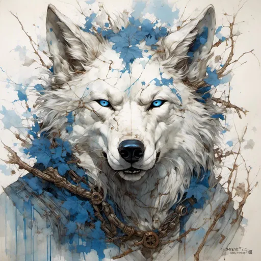 Prompt: <mymodel> portrait of a handsome asian angry white wolf with blue  dark eyes , with brown veins branches and leaves attached on his neck and shoulders  that fades with a white background,big stain of blood on his chicks,metal plaque on his shoulders with circuits over , big and long strains of blue paint are falling from his fading head,metal parts over his head,,steampunk  painting manga style