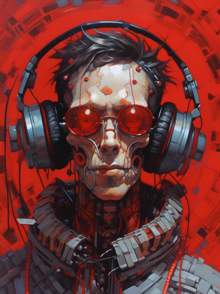 Prompt: a painting of a man with headphones and a red background, brian sum, anthropomorphic _ humanoid, drones in the sky, artgasm, my computer icon, youtube thumbnail, art depicting control freak, wlop : :, pilot, anthropomorphic humanoid, diselpunk, sci - fi : :<mymodel>