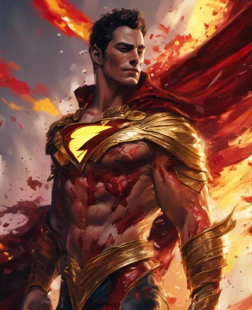 Prompt: <mymodel> close up of  DC Shazam with teared and torn costume showing chest and abs, is bloody and fiercely posing with beautiful exposed upper parts of body unclothed  lighted at twilight,his face with blood stains, lighted by a sun ray beam at twilight, lower angle, upper angle, dynamic point of view, high detailed, 8k