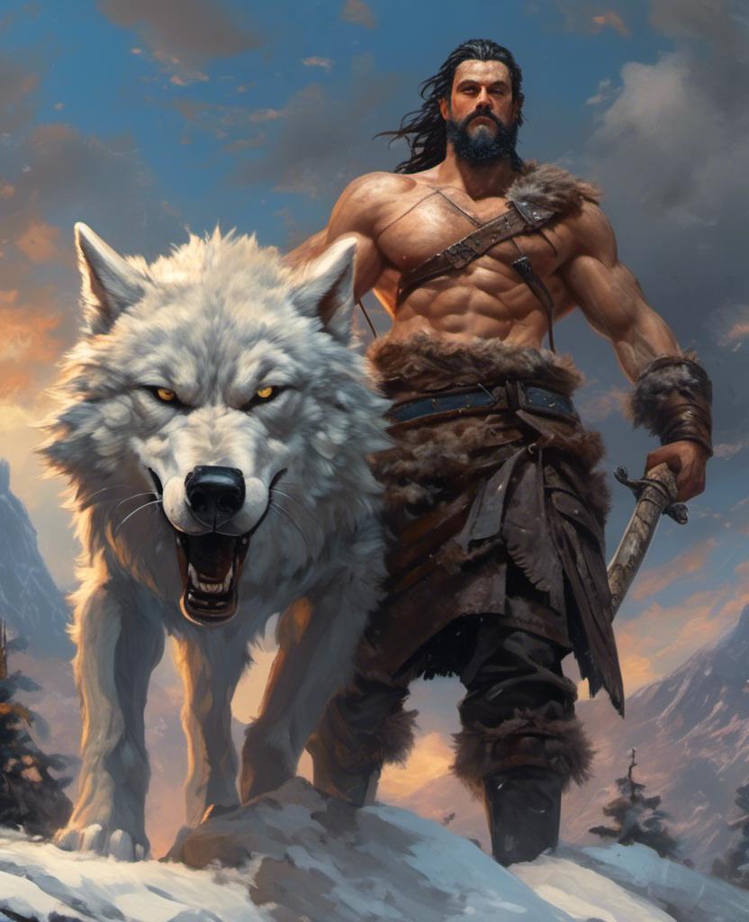 Prompt: <mymodel> an handsome Swedish viking muscular 40 years old and black haired with blue eyes and black beard posing with a cute giant grey wolf behind, twilight, lower angle, upper angle, dynamic point of view, high detailed, 8k