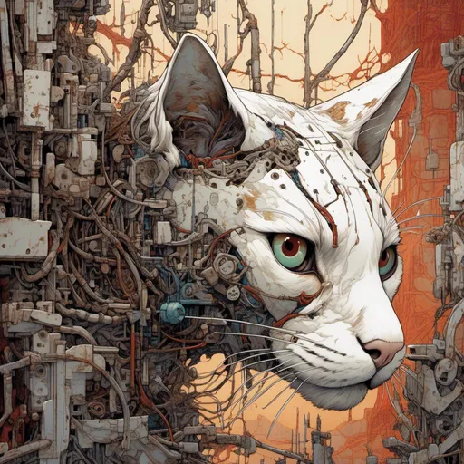 Prompt: <mymodel>a white cat
  made of circuits and small metal parts, with big eyeball and mouth wide open, is surrounded by bloody branches ,behind him a rusty metal wall,inked Alita   manga style