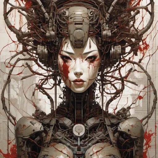 Prompt: <mymodel>a geisha woman made of circuits and small metal parts, with big eyeball and mouth wide open, is surrounded by bloody branches ,behind him a rusty metal wall,inked Alita   manga style