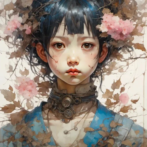 Prompt: <mymodel> portrait of a handsome tattoed korean little girl with blue  dark eyes , with brown veins branches and leaves attached other neck and shoulders  that fades with a white background, big and long strains of pink paint are falling from his fading head,,steampunk  painting manga style