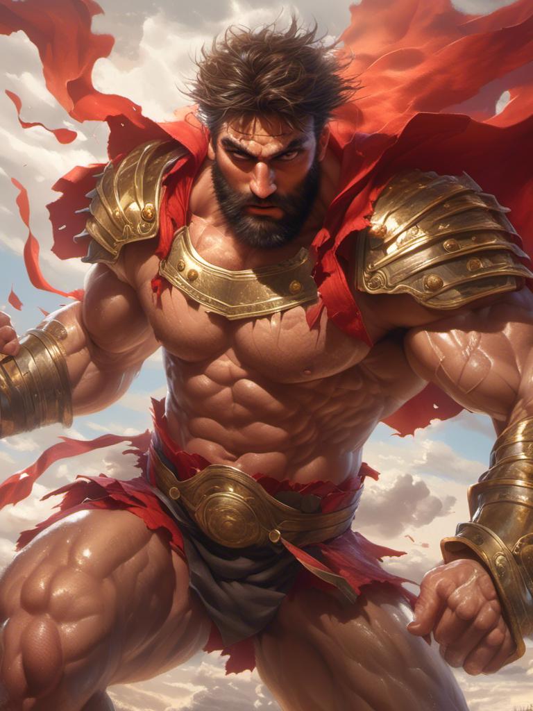 Prompt: <mymodel>stunning <mymodel> a magnificent and epic portrait of a muscled bearded roman gladiator, chest exposed, with golden armor and red  coat blowed by wind near Pompei, , , amazing light, superhero, , atmosphere, expressive, lower angle, upper angle, dynamic point of view, wind, hair blowed, 