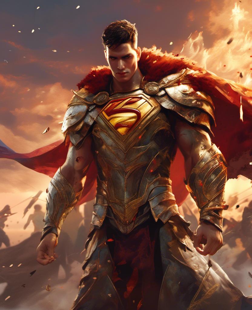 Prompt: <mymodel> close up of  Shazam with teared and torn costume showing chest and abs, is bloody and fiercely posing with his shield on a 1945 war battlefield beautiful lighted at twilight,his face with blood stains, lighted by a sun ray beam at twilight, lower angle, upper angle, dynamic point of view, high detailed, 8k