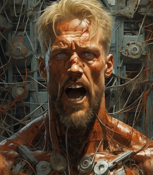 Prompt: <mymodel>a handsome blond swedish boxeur 40 years old bearded beautiful muscled  man with adidas track suite
  made of circuits and small metal parts, with big eyeball and mouth wide open,he'sare surrounded by bloody branches ,behind him a rusty metal wall,concept art  jimenez painting style