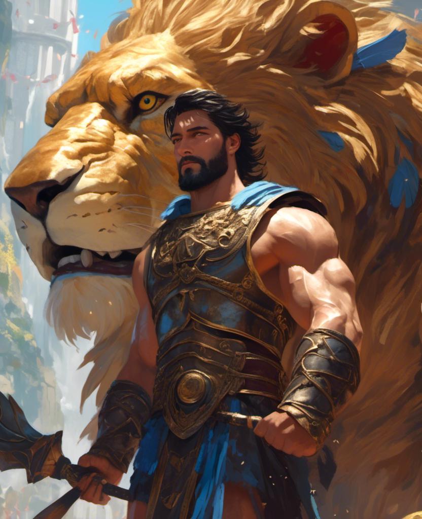 Prompt: <mymodel> an handsome roman centurion muscular and black haired with blue eyes and black beard posing with a cute giant lion behind