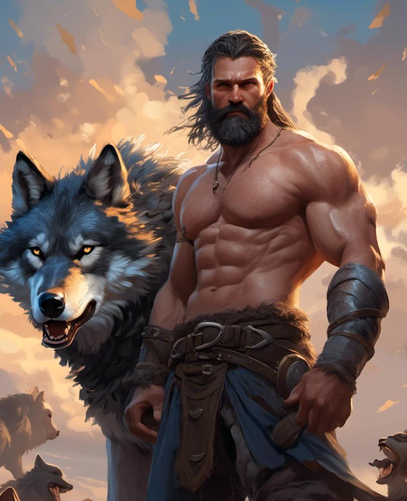 Prompt: <mymodel> an handsome Swedish viking muscular 40 years old and black haired with blue eyes and black beard posing with a cute giant grey wolf behind, twilight, lower angle, upper angle, dynamic point of view, high detailed, 8k