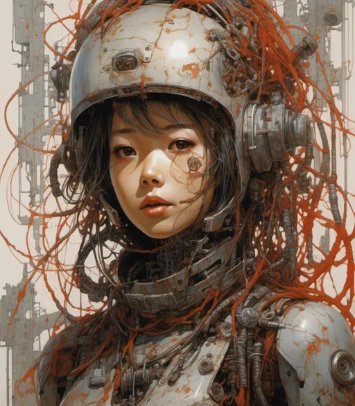 Prompt: <mymodel>a little beautiful korean girl   wearing astronaut helmet over his head  and a  suite
  made of circuits and small metal parts, with big eyeball and mouth wide open,she's surrounded by bloody branches ,behind her a rusty metal wall, steampunk  painting manga  style