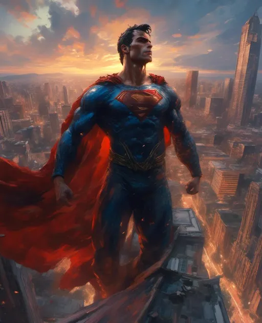 Prompt: <mymodel> DC superman with teared costume showing chest and abs, is bloody and fiercely posing suspended in the air near beautiful lighted clouds and skyscrapers at twilight,like an angel lighted by a sun ray beam at twilight, lower angle, upper angle, dynamic point of view, high detailed, 8k