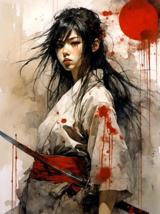 Prompt: <mymodel> Japanese beautiful school girl with katana is covered by blood stains, a red sun on a white background behind her 