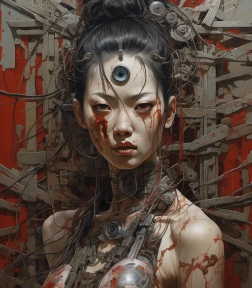Prompt: <mymodel>a handsome yakuza tattoed  geisha girl with adidas track suite
  made of circuits and small metal parts, with big eyeball and mouth wide open,he'sare surrounded by bloody branches ,behind him a rusty metal wall,oil painting manga style