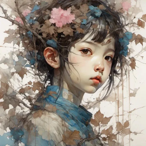 Prompt: <mymodel> portrait of a handsome tattoed korean little girl with blue  dark eyes , with brown veins branches and leaves attached other neck and shoulders  that fades with a white background, big and long strains of pink paint are falling from his fading head,,steampunk  painting manga style