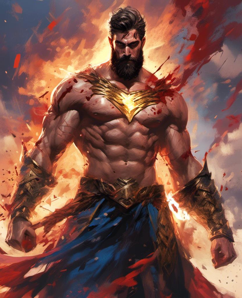 Prompt: <mymodel>bearded muscular  DC Shazam with teared and torn costume showing chest and abs, is bloody and fiercely posing with beautiful exposed upper parts of body unclothed  lighted at twilight,his face with blood stains,handsome blue eyes, lighted by a sun ray beam at twilight, lower angle, upper angle, dynamic point of view, high detailed, 8k