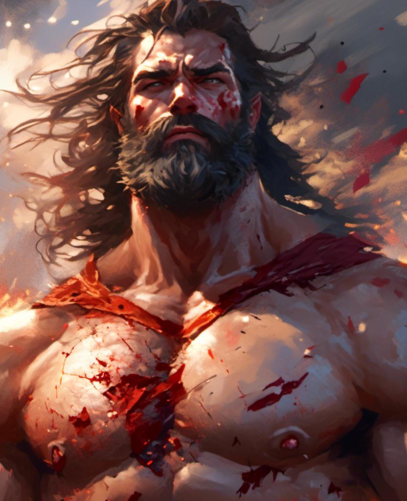Prompt: <mymodel> close up of bearded muscular  DC Shazam with teared and torn costume showing chest and abs, is bloody and fiercely posing with beautiful exposed upper parts of body unclothed  lighted at twilight,his face with blood stains, lighted by a sun ray beam at twilight, lower angle, upper angle, dynamic point of view, high detailed, 8k